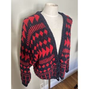 Vintage 90s Knit Knit Red Black Oversized Chunky Cardigan Twin Peaks Style L